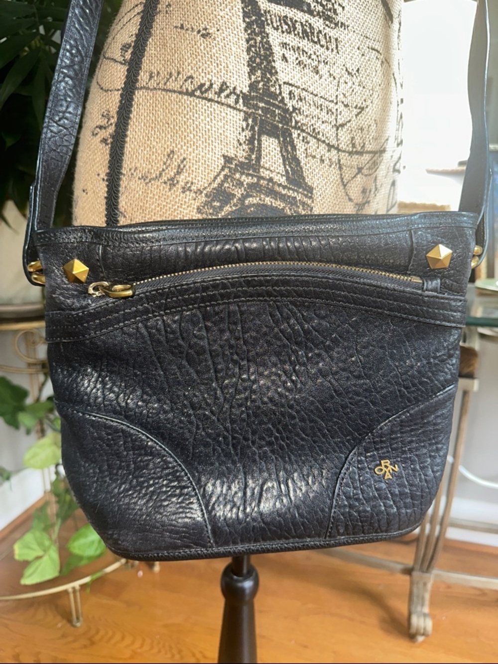 orYANY Black Pebbled Leather Crossbody with Gold Stud Accents